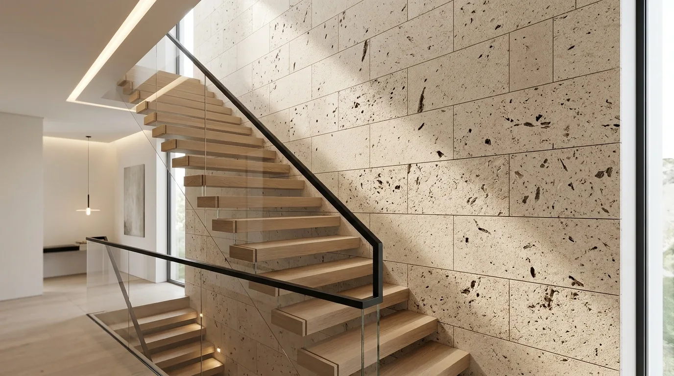 Escalera residencial revestida con piedra natural