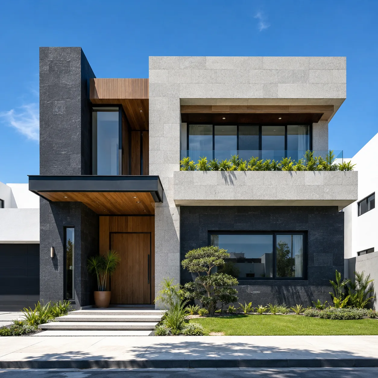 Fachada residencial moderna con acabados de piedra