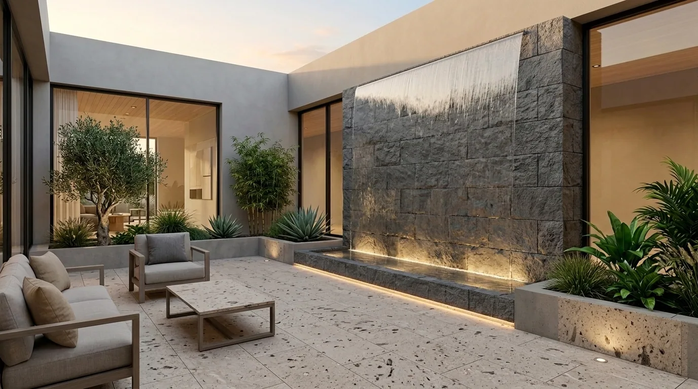 Imagen ilustrativa de patio residencial con muro de piedra y mobiliario